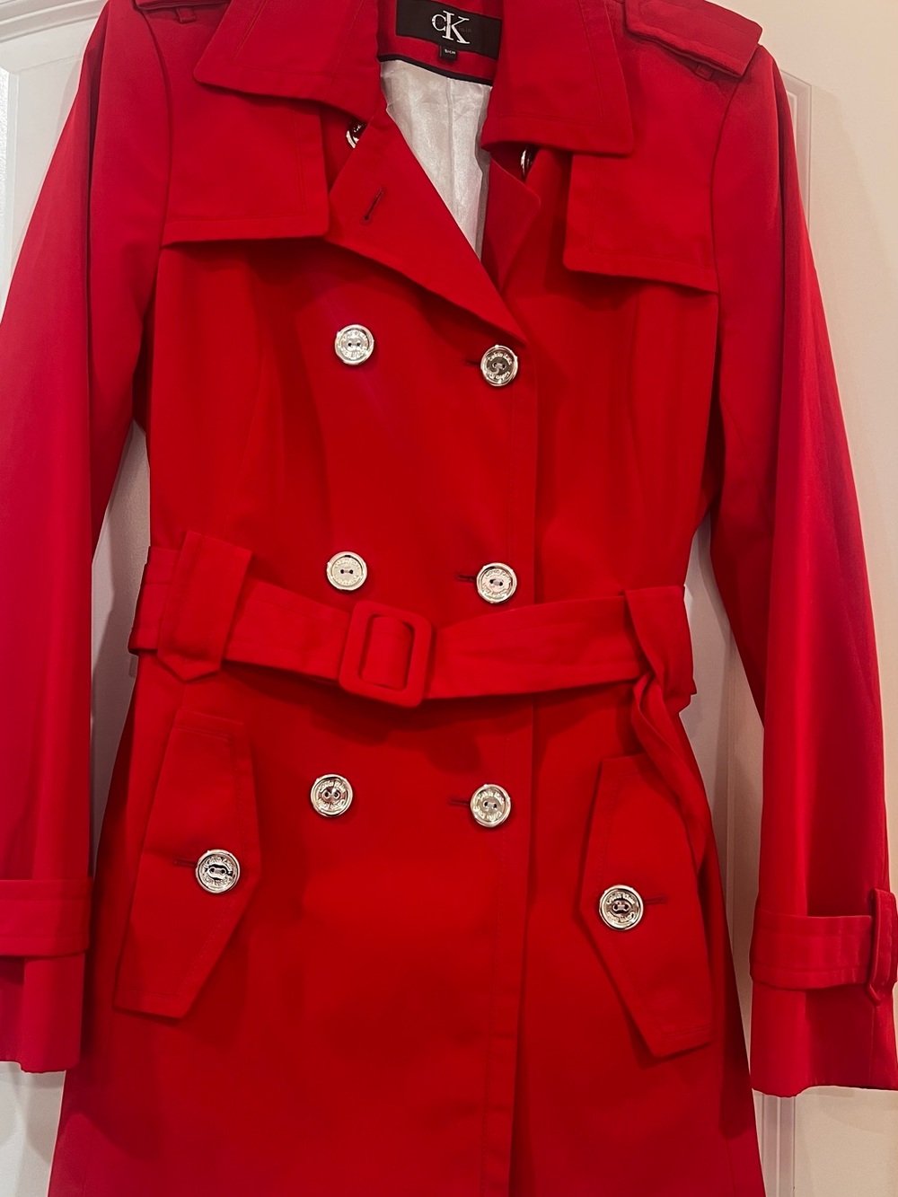 Calvin Klein Vibrant Red Double-Breasted Belted Trench Coat